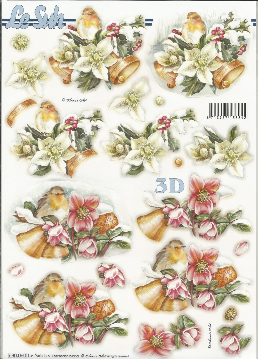 3D-Stanzbogen LeSuh Christrosen, Glocke, Vgel
